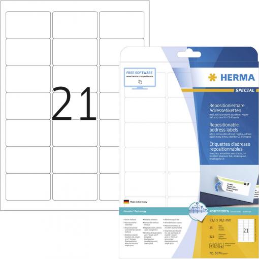 Herma 5074 Adresní nálepky 63.5 x 38.1 mm papír bílá 525 ks přemístitelné inkoustová tiskárna, laserová tiskárna, barevná laserová tiskárna, kopírka, barevná
