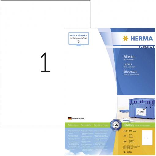 Herma 4428 univerzální etikety 210 x 297 mm papír bílá 100 ks trvalé inkoustová tiskárna, laserová tiskárna, barevná laserová tiskárna, kopírka, barevná