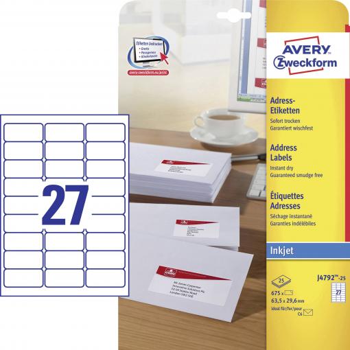 Avery-Zweckform J4792-25 Adresní nálepky 63.5 x 29.6 mm papír bílá 675 ks trvalé inkoustová tiskárna, ruční popis