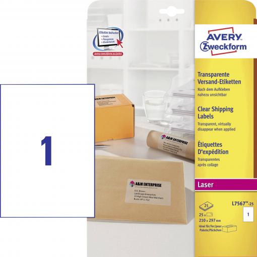 Avery-Zweckform L7567-25 Adresní nálepky 210 x 297 mm poylesterová fólie transparentní 25 ks trvalé laserová tiskárna, barevná laserová tiskárna, kopírka,
