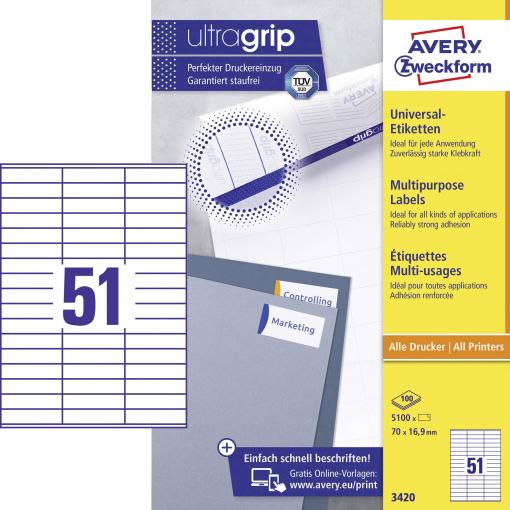 Avery-Zweckform 3420 univerzální etikety 70 x 16.9 mm papír bílá 5100 ks trvalé inkoustová tiskárna, laserová tiskárna, barevná laserová tiskárna, kopírka,