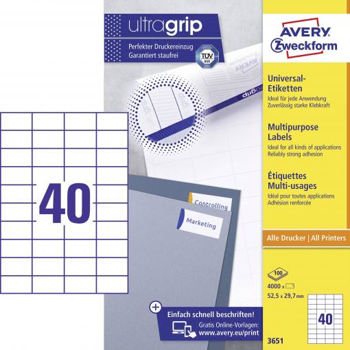 Avery-Zweckform 3651 univerzální etikety 52.5 x 29.7 mm papír bílá 4000 ks trvalé inkoustová tiskárna, laserová tiskárna, barevná laserová tiskárna, kopírka,