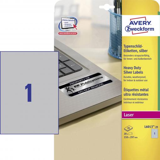 Avery-Zweckform L6013-20 typové štítky 210 x 297 mm poylesterová fólie stříbrná 20 ks trvalé laserová tiskárna, kopírka, ruční popis