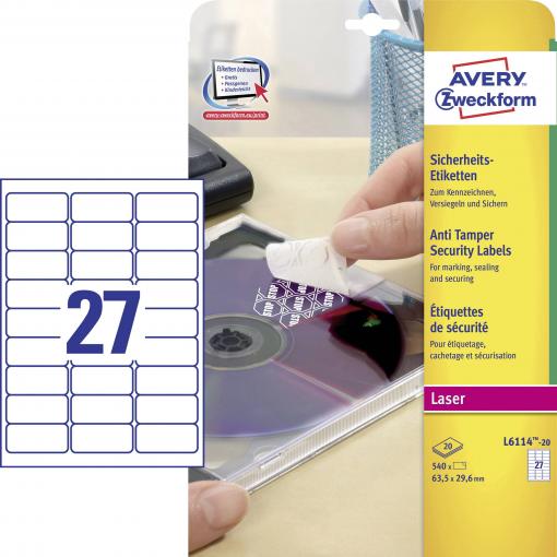Avery-Zweckform L6114-20 bezpečnostní štítky 63.5 x 29.6 mm poylesterová fólie bílá 480 ks trvalé laserová tiskárna, kopírka, ruční popis