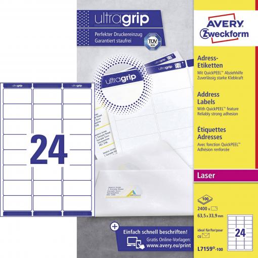 Avery-Zweckform L7159-100 Adresní nálepky 63.5 x 33.9 mm papír bílá 2400 ks trvalé inkoustová tiskárna, laserová tiskárna, barevná laserová tiskárna, kopírka,