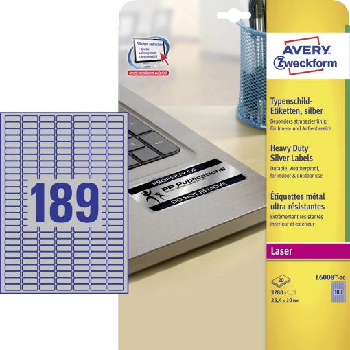 Avery-Zweckform L6008-20 typové štítky 25.4 x 10 mm poylesterová fólie stříbrná 3780 ks trvalé laserová tiskárna, kopírka, ruční popis