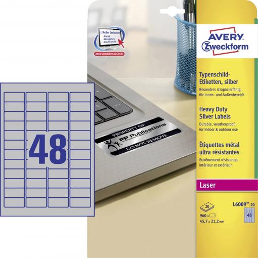 Avery-Zweckform L6009-20 typové štítky 45.7 x 21.2 mm poylesterová fólie stříbrná 960 ks trvalé laserová tiskárna, kopírka, ruční popis