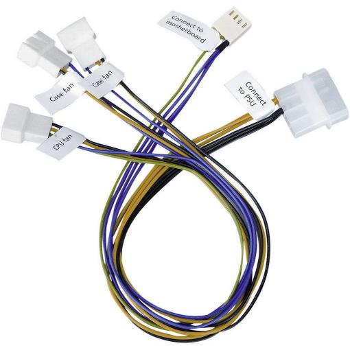 PC větrák kabel [3x zástrčka pro PC větrák 3pólová, zástrčka pro PC větrák 4pólová - 1x IDE proudová zástrčka 4pólová] 0.30 m Akasa