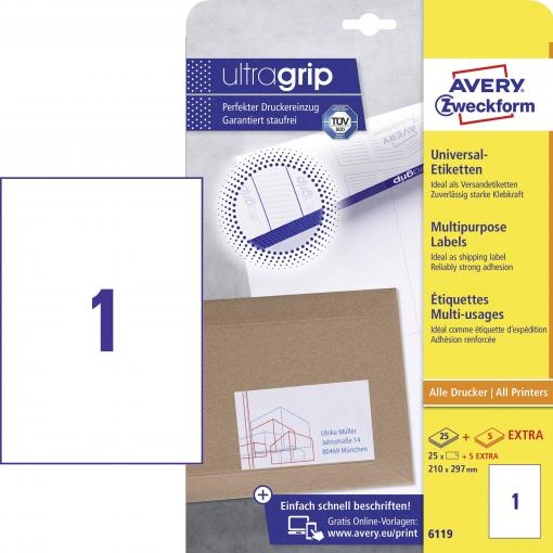 Avery-Zweckform 6119 210 x 297 mm papír bílá 30 ks trvalé univerzální etikety inkoust, laser, kopie 30 listů A4