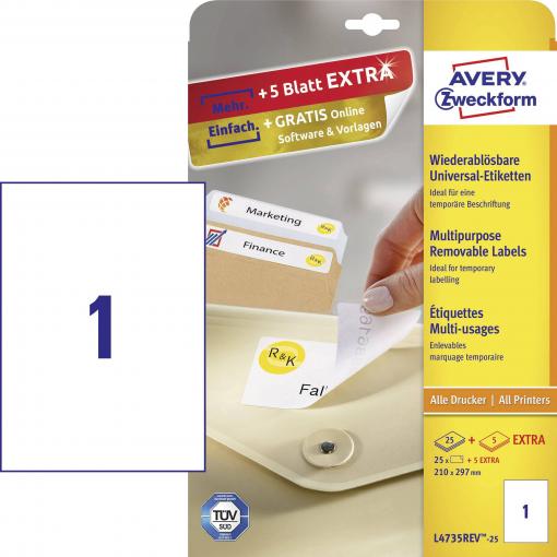 Avery-Zweckform L4735REV-25 univerzální etikety 210 x 297 mm papír bílá 30 ks přemístitelné inkoustová tiskárna, laserová tiskárna, barevná laserová tiskárna,