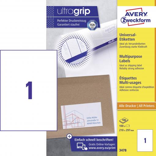 Avery-Zweckform 3478 univerzální etikety 210 x 297 mm papír bílá 100 ks trvalé inkoustová tiskárna, laserová tiskárna, barevná laserová tiskárna, kopírka,