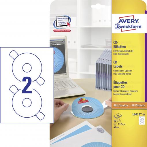 Avery-Zweckform L6015-25 Štítky CD Ø 117 mm papír bílá 50 ks trvalé inkoustová tiskárna, laserová tiskárna, barevná laserová tiskárna, kopírka, barevná
