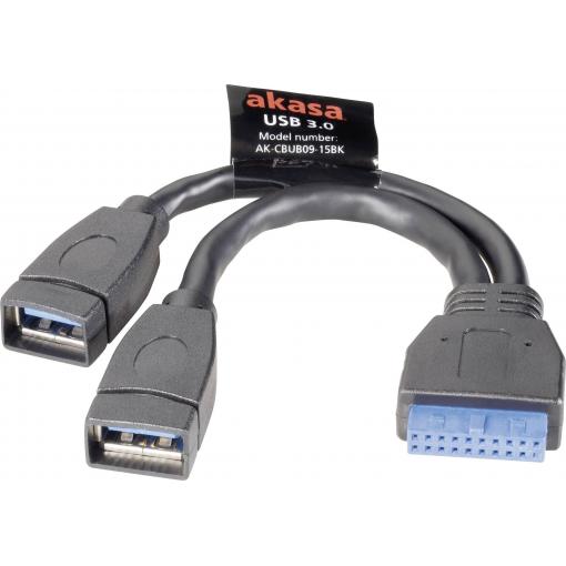 Akasa USB kabel USB 3.2 Gen1 plochý konektor 19pol., USB-A zásuvka 0.15 m černá pozlacené kontakty, UL certifikace AK-CBUB09-15BK