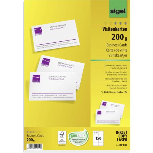 Sigel DP839 potisknutelné vizitky, mikroperforované 85 x 55 mm vysoce bílá 150 ks Formát papíru: A4
