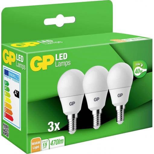 GP GPMGLE14STD854C3 LED Energetická třída (EEK2021) F (A - G) E14 kulatý tvar 5.6 W = 40 W teplá bílá (Ø x d) 45 mm x 84 mm 3 ks