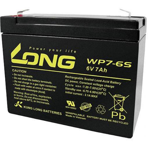Long WP7-6S WP7-6S olověný akumulátor 6 V 7 Ah olověný se skelným rounem (š x v x h) 116 x 99 x 50 mm plochý konektor 4,8 mm nepatrné vybíjení, bezúdržbové