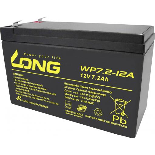Long WP7.2-12A/F1 WP7.2-12A/F1 olověný akumulátor 12 V 7.2 Ah olověný se skelným rounem (š x v x h) 151 x 102 x 65 mm plochý konektor 4,8 mm VDS certifikace ,