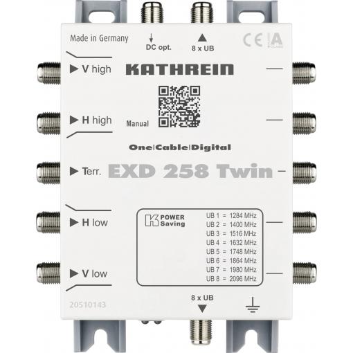 Kathrein EXD 258 Twin kaskádový rozdělovač pro satelitní signál (Unicable) Vstupy (vícenásobný spínač): 5 (4 SAT/1 terestrický) Počet účastníků: 16 Standby