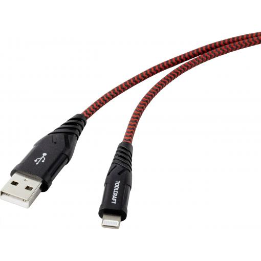 TOOLCRAFT USB kabel USB 2.0 USB-A zástrčka, Apple Lightning konektor 1.00 m černočervená extrémně odolné pletené stínění TO-6899490