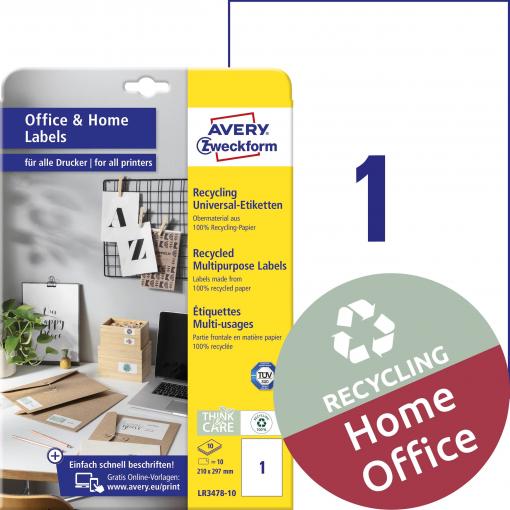Avery-Zweckform LR3478-10 univerzální etikety 210 x 297 mm recyklovaný papír bílá 10 ks trvalé barevná laserová tiskárna, laserová tiskárna