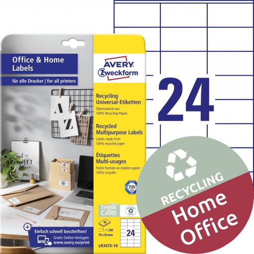 Avery-Zweckform LR3475-10 univerzální etikety 70 x 36 mm recyklovaný papír bílá 240 ks trvalé barevná laserová tiskárna, laserová tiskárna