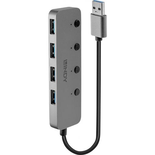 LINDY 43309 USB Hub 4 porty USB-A USB 3.0 5 GBit/s lze spínat jednotlivě šedá 4 Port USB 3.0 Hub mit Ein-/Ausschaltern
