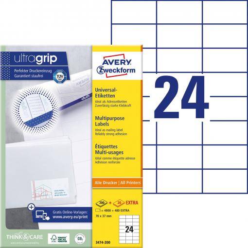Avery-Zweckform 3474-200 70 x 37 mm papír bílá 5280 ks trvalé univerzální etikety 220 listů A4
