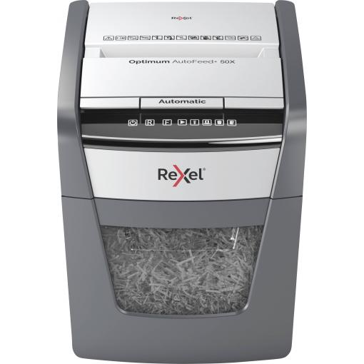 Rexel Optimum AutoFeed+ 50X skartovačka 50 listů mikrořez 4 x 28 mm P-4 20 l Křížový řez kancelářské sponky, sponky do sešívačky, kreditní karty