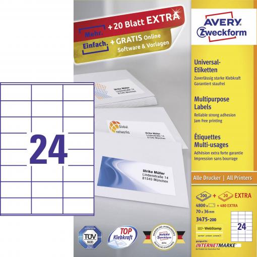 Avery-Zweckform 3475-200 univerzální etikety 70 x 36 mm papír bílá 5280 ks trvalé inkoustová tiskárna, laserová tiskárna, barevná laserová tiskárna, kopírka,