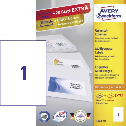 Avery-Zweckform 3478-200 210 x 297 mm papír bílá 200 ks trvalé univerzální etikety 200 listů A4