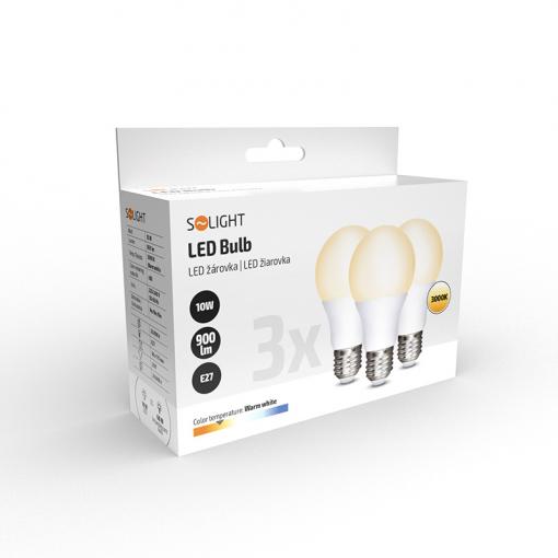 Solight LED žárovka 3-pack, klasický tvar, 10W, E27, 3000K, 270°, 900lm, 3ks v balení - WZ529-3P cena za balení 3 ks