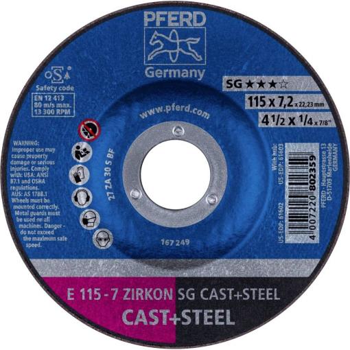 PFERD TOOLS 62211747 E 115-7 ZIRKON SG CAST+STEEL brusný kotouč lomený Průměr 115 mm Ø otvoru 22.23 mm Šedá / tvárná litina, ocel, ocelový odlitek 10 ks