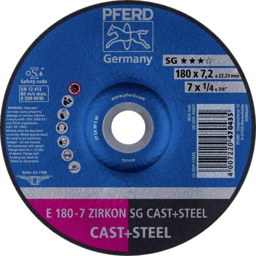 PFERD TOOLS 62217628 E 180-7 ZIRKON SG CAST+STEEL brusný kotouč lomený Průměr 180 mm Ø otvoru 22.23 mm Šedá / tvárná litina, ocel, ocelový odlitek 10 ks