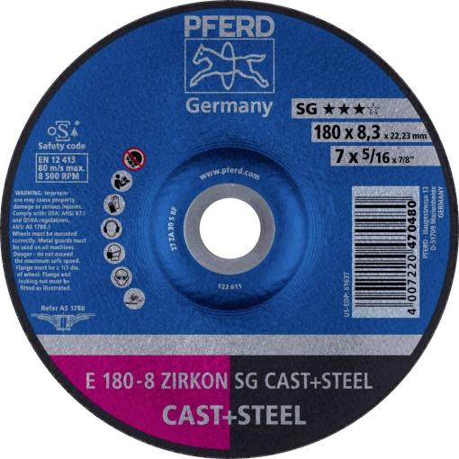 PFERD TOOLS 62217837 E 180-8 ZIRKON SG CAST+STEEL brusný kotouč lomený Průměr 180 mm Ø otvoru 22.23 mm Šedá / tvárná litina, ocel, ocelový odlitek 10 ks