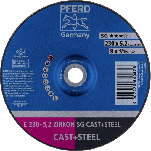 PFERD TOOLS 62223527 E 230-5,2 ZIRKON SG CAST+STEEL brusný kotouč lomený Průměr 230 mm Ø otvoru 22.23 mm Šedá / tvárná litina, ocel, ocelový odlitek 10 ks