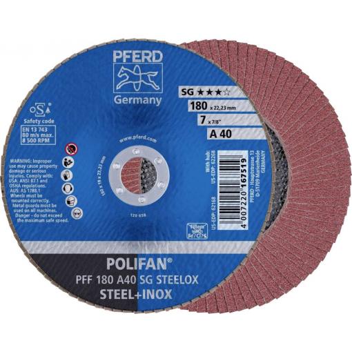 PFERD TOOLS 67604185 PFF 180 A 40 SG STEELOX vějířovitý brusný kotouč Průměr 180 mm Ø otvoru 22.23 mm Zrnitost 40 nerezová ocel, ocel 10 ks