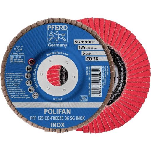 PFERD TOOLS 67612536 PFF 125 CO-FREEZE 36 SG INOX vějířovitý brusný kotouč Průměr 125 mm Ø otvoru 22.23 mm Zrnitost 36 Slitina na bázi niklu, Superslitiny na
