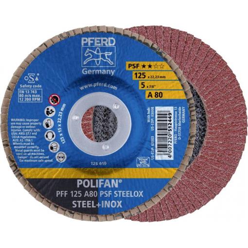 PFERD TOOLS 67648125 PFF 125 A 80 PSF STEELOX vějířovitý brusný kotouč Průměr 125 mm Ø otvoru 22.23 mm Zrnitost 80 nerezová ocel, ocel 10 ks