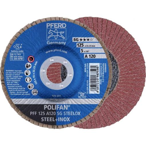 PFERD TOOLS 67649125 PFF 125 A 120 PSF STEELOX vějířovitý brusný kotouč Průměr 125 mm Ø otvoru 22.23 mm Zrnitost 120 nerezová ocel, ocel 10 ks