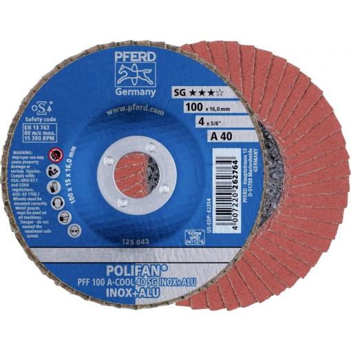 PFERD TOOLS 67654100 PFF 100 A-COOL 40 SG INOX+ALU/16,0 vějířovitý brusný kotouč Průměr 100 mm Ø otvoru 16 mm Zrnitost 40 hliník, neželezné kovy, nerezová ocel