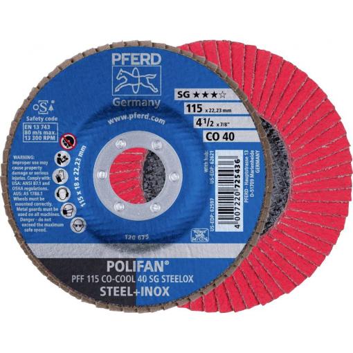 PFERD TOOLS 67660415 PFF 115 CO-COOL 40 SG STEELOX vějířovitý brusný kotouč Průměr 115 mm Ø otvoru 22.23 mm Slitina hliníku, Slitina na bázi niklu,