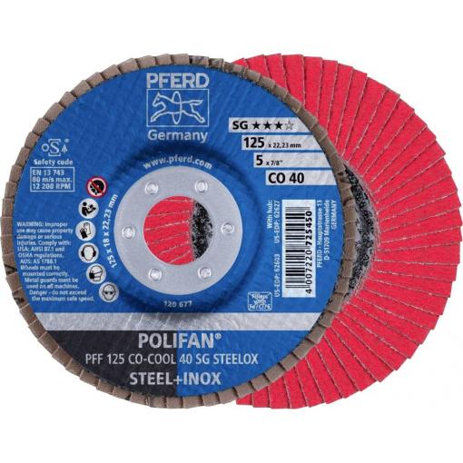 PFERD TOOLS 67660425 PFF 125 CO-COOL 40 SG STEELOX vějířovitý brusný kotouč Průměr 125 mm Ø otvoru 22.23 mm Zrnitost 40 Slitina hliníku, Slitina na bázi niklu,