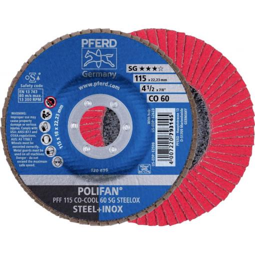 PFERD TOOLS 67660615 PFF 115 CO-COOL 60 SG STEELOX vějířovitý brusný kotouč Průměr 115 mm Ø otvoru 22.23 mm Slitina hliníku, Slitina na bázi niklu,