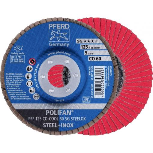 PFERD TOOLS 67660625 PFF 125 CO-COOL 60 SG STEELOX vějířovitý brusný kotouč Průměr 125 mm Ø otvoru 22.23 mm Zrnitost 60 Slitina hliníku, Slitina na bázi niklu,
