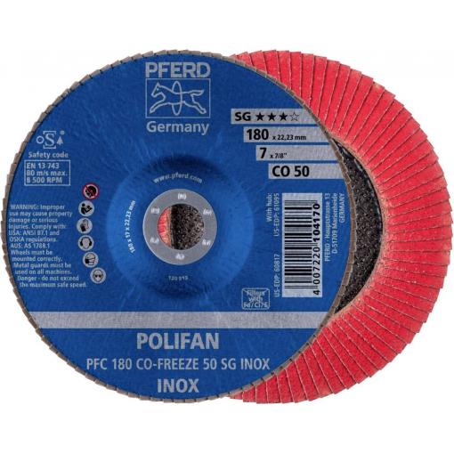 PFERD TOOLS 67718050 PFC 180 CO-FREEZE 50 SG INOX vějířovitý brusný kotouč Průměr 180 mm Ø otvoru 22.23 mm Slitina na bázi niklu, Superslitiny na bázi niklu