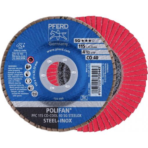 PFERD TOOLS 67760415 PFC 115 CO-COOL 40 SG STEELOX vějířovitý brusný kotouč Průměr 115 mm Ø otvoru 22.23 mm Zrnitost 40 Slitina hliníku, Slitina na bázi niklu,