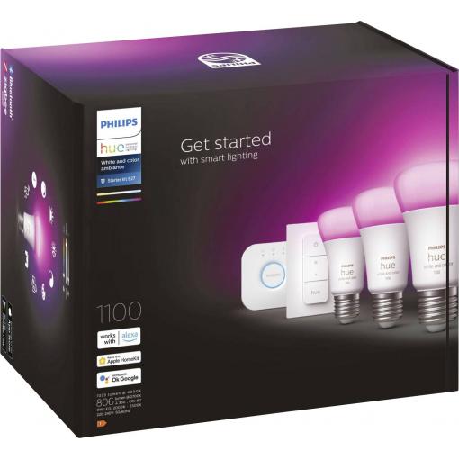 Philips Hue LED žárovka 871951429135500 Energetická třída (EEK2021): F (A - G) Hue White & Col. Amb. 3er Starter Set inkl. DimmerSwitch 3x800lm 75W E27 11 W