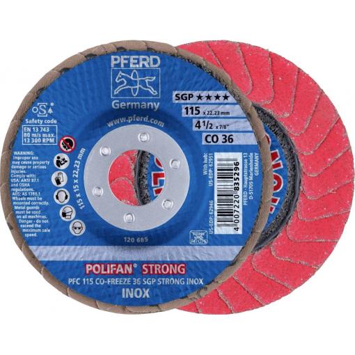 PFERD TOOLS 67789015 PFC 115 CO-FREEZE 36 SGP STRONG INOX vějířovitý brusný kotouč Průměr 115 mm Ø otvoru 22.23 mm Zrnitost 36 Slitina na bázi kobaltu, Slitina