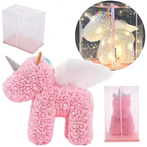 Svítící jednorožec s růžemi LED USB, 25 cm, růžový