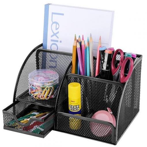 Organizér na stůl 6 přihrádek, 1 zásuvka, černý, lakovaný kov